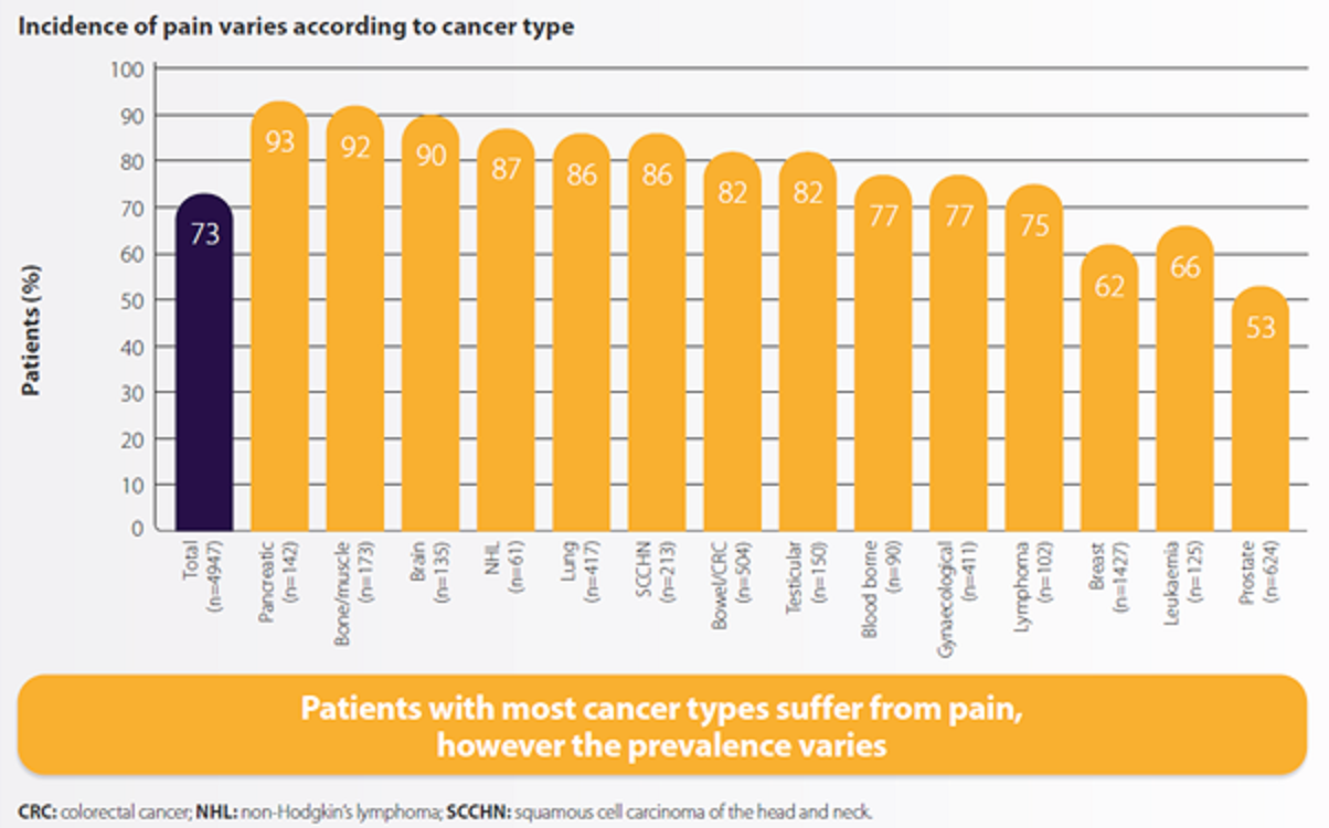 incidence of pain with respect to the type of cancer which has been diagnosed